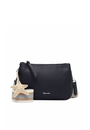 Black textured leather crossbody bag with striped woven strap and beige starfish-shaped charm adorned with small studs.