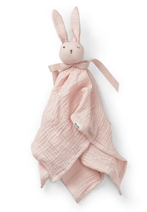 Morbido comforter rosa per neonati con testa di coniglio, orecchie lunghe, occhi ricamati e un fiocco di stoffa, attaccato a una coperta testurizzata.