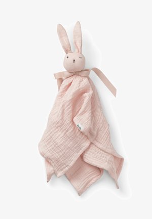 Morbido comforter rosa per neonati con testa di coniglio, orecchie lunghe, occhi ricamati e un fiocco di stoffa, attaccato a una coperta testurizzata.