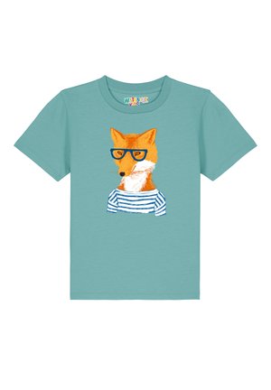 T-shirt en coton bleu clair avec un graphisme de renard orange portant des lunettes bleues et un design de chemise rayée blanche et bleue.