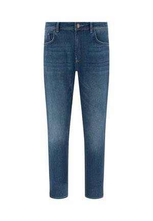 Herren-Slim-Fit-Jeans aus blauem Denim mit Fronttaschen, Gürtelschlaufen und Knopfverschluss, auf weißem Hintergrund dargestellt.