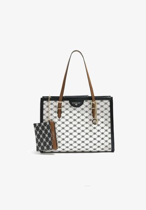 Sac cabas River Island à motifs blancs et noirs avec poignées marron et petite pochette assortie attachée par une chaîne dorée.