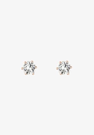 Boucles d'oreilles rondes en métal de couleur or rose, ornées de pierres transparentes et facettées, maintenues par six griffes pour une tenue sécurisée.