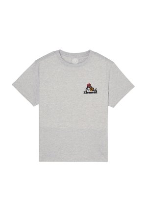 T-shirt grigio chiaro a maniche corte con piccolo emblema floreale colorato e testo "Element" sul lato sinistro del petto.