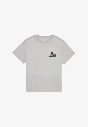T-shirt grigio chiaro a maniche corte con piccolo emblema floreale colorato e testo "Element" sul lato sinistro del petto.