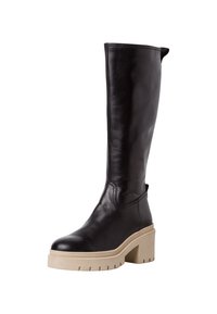 Bota de cuero negra hasta la rodilla con una suela de plataforma cremosa y gruesa, y un leve tacón, con textura suave y detalles de costura mínimos.