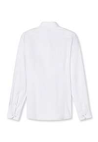 Chemise blanche à manches longues avec poignets boutonnés, vue de dos, avec un col classique et des coutures ajustées.