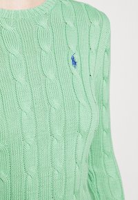 Gros plan d'un pull en maille torsadée vert menthe avec un logo brodé bleu sur la poitrine et un col rond.
