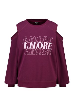 Bordeauxrode sweatshirt met cold-shoulder ontwerp, bedrukt met herhaalde "AMORE" tekst in contrasterend wit. Zachte stof met geribbelde boorden.