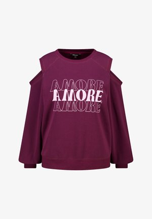 Bordeauxrode sweatshirt met cold-shoulder ontwerp, bedrukt met herhaalde "AMORE" tekst in contrasterend wit. Zachte stof met geribbelde boorden.