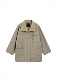 Beige plaid jacket with wide collar, front pockets, and long sleeves, displayed on a white background.