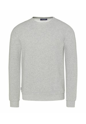 Gray sweatshirt, crew neck, long raglan sleeves, ribbed cuffs and hem, made from soft cotton blend, minimalistic design without patterns or embellishments.
