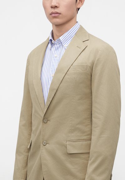 Man draagt een beige tweeknopsblazer over een blauw-wit gestreept overhemd, getoond van borst tot nek tegen een effen achtergrond.