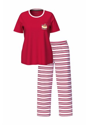 Roter Baumwoll-Pyjamaanzug mit einem kurzärmeligen Oberteil mit Tasche und einer gestreiften Hose in Rot und Weiß.