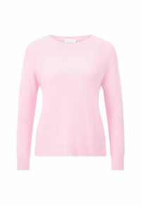Hellrosa Pullover aus einem weichen Strickstoff, mit einem runden Ausschnitt und langen Ärmeln, versehen mit gerippten Bündchen und Saum für einen taillierten Abschluss.