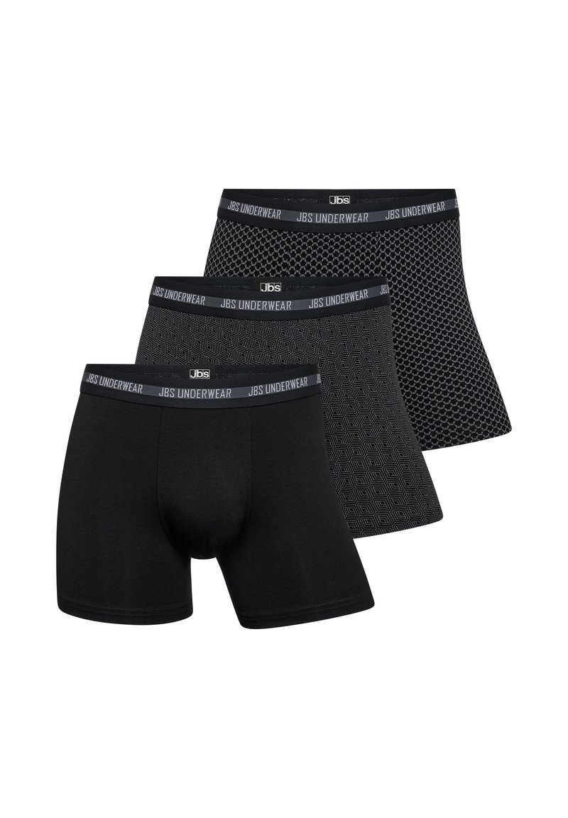 Black underwear set featuring three styles: one solid, one textured with geometric pattern, and one in a mesh design, all with a branded waistband.