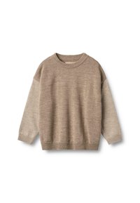 Maglione beige con maniche lunghe, scollatura tonda e orlo a costine. Il materiale sembra morbido con una superficie strutturata. Le maniche presentano tonalità contrastanti.