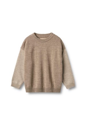 Beiger Pullover mit langen Ärmeln, rundem Ausschnitt und geripptem Saum. Das Material scheint weich und mit einer strukturierten Oberfläche versehen zu sein. Die Ärmel weisen kontrastierende Farbtöne auf.