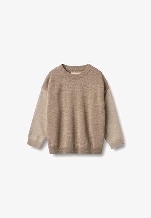 Pulover bej cu mâneci lungi, decolteu rotund și tiv ribițat. Materialul pare moale, cu o suprafață texturată. Mâncile prezintă nuanțe contrastante.