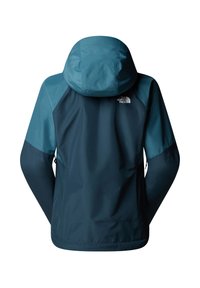 Hooded jacket in dark navy with teal panel accents. Features smooth, waterproof material and logo at center back. Seamless shoulders and pockets.