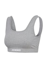 Lichtgrijze sportbeha met een ronde halslijn, brede bandjes en een elastische band met het merk "HUMMEL" in het wit. Zacht, rekbaar materiaal.