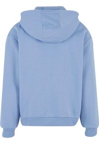 Ljusblå sweatshirt med huva, tillverkad av mjukt tyg. Har dragkord i huvan, ribbade cuffs och midja, med en avslappnad passform och slät textur.