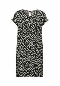 Kortsleeve svart klänning med vitt abstrakt diamantmönster. Har en nyckelhålssnygg detalj och lös passform för komfort. Tillverkad av bomullsblandning.