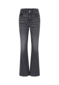 Zwarte denim jeans met uitlopende pijpen en een hoge taille, voorzien van een sluiting met twee knopen, vijf zakken en een zachte, gestructureerde stof.