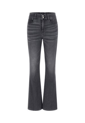 Zwarte denim jeans met uitlopende pijpen en een hoge taille, voorzien van een sluiting met twee knopen, vijf zakken en een zachte, gestructureerde stof.