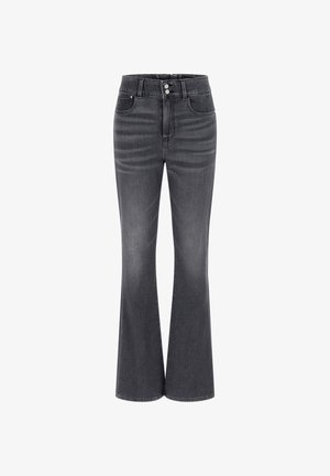 Zwarte denim jeans met uitlopende pijpen en een hoge taille, voorzien van een sluiting met twee knopen, vijf zakken en een zachte, gestructureerde stof.