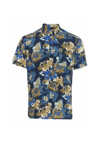 Cămașă cu mânecă scurtă, de culoare bleumarin, cu un model floral în nuanțe de albastru, auriu și crem. Dispune de un guler standard și nasturi pe față.