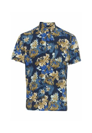 Kurzarmhemd in Marineblau mit einem floralem Muster in Blau, Gold und Creme. Verfügt über einen klassischen Kragen und Knöpfe an der Vorderseite.