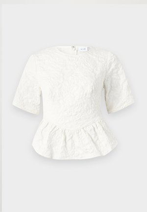Hvit peplum topp med korte ermer, teksturert blomstermønster, rund hals og glidelås i ryggen. Mykt stoff med strukturert design.