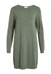 Långärmad, grön stickad klänning med rund halsringning och ribbad mudd. Slät textur; når till mitten av låret. Enkel design.