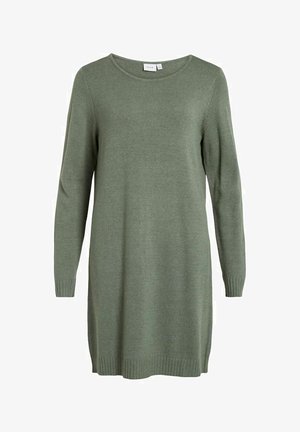 Pikkade varrukatega, roheline kudumitekstsükkel kleit, ringikujulise kaelusega ja soonikute otstega. Sile tekstuur; ulatub keskele reie peale. Lihtne disain.