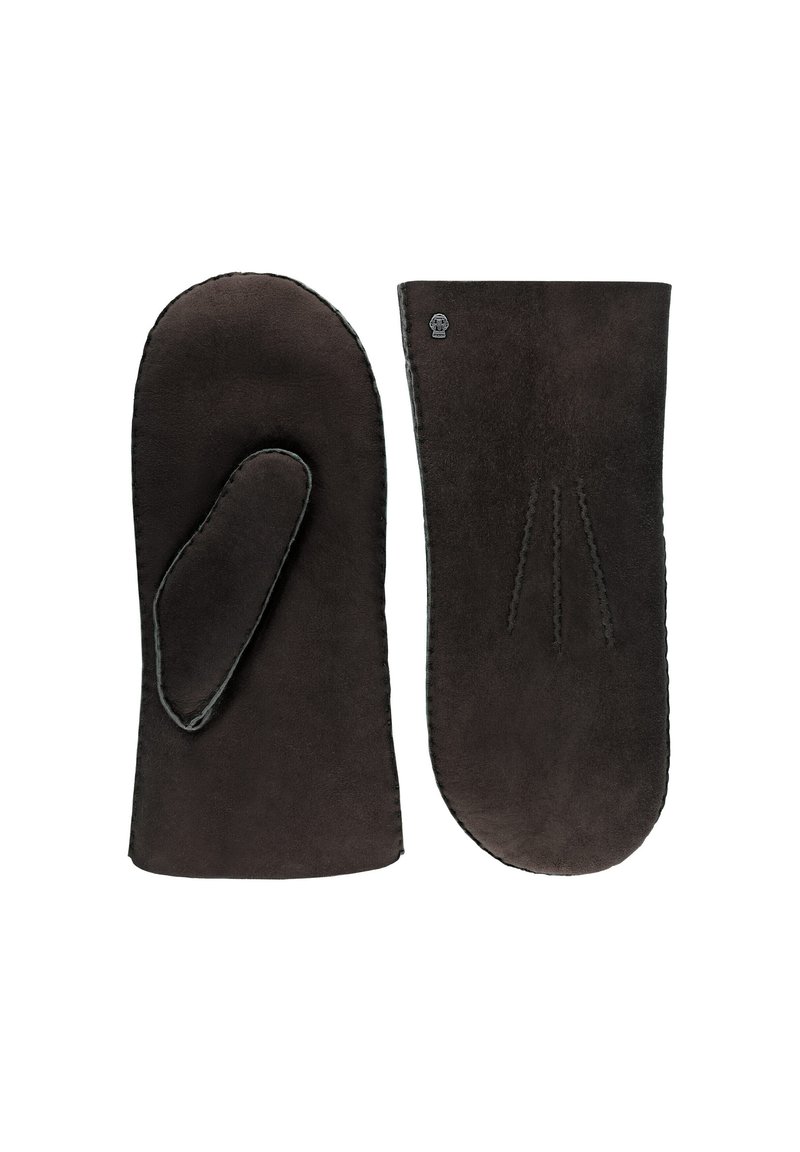 Braune Lederhandschuhe mit einer glatten Textur, geschwungener Form und detaillierter Naht. Eine der Handschuhe hat ein Daumenfach; Logo vorhanden.