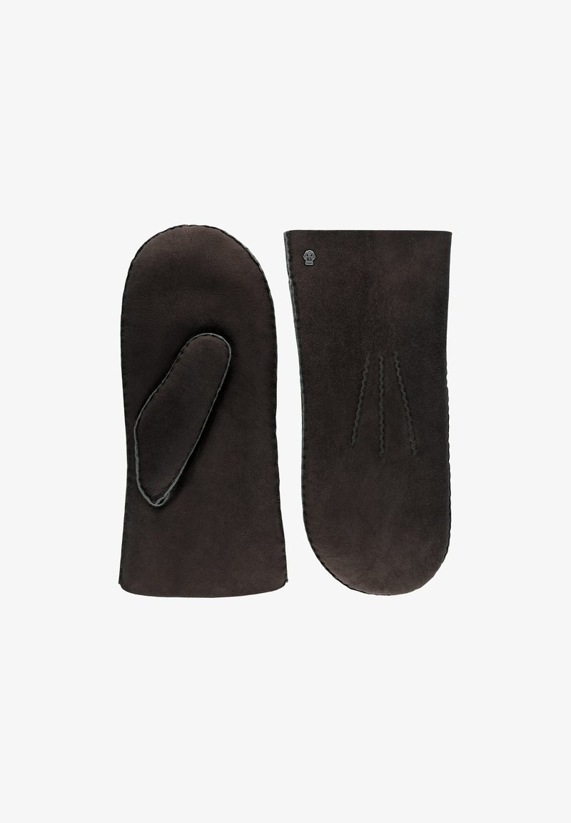 Braune Lederhandschuhe mit einer glatten Textur, geschwungener Form und detaillierter Naht. Eine der Handschuhe hat ein Daumenfach; Logo vorhanden.