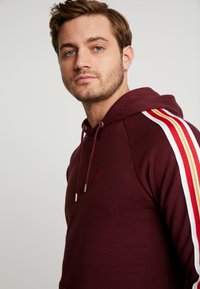 Maroon hoodie with a drawstring, featuring white, orange, and yellow stripes on the sleeves. Smooth fabric with a subtle logo detail.
