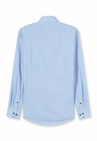Hellblaues Langarmhemd mit Polka-Dot-Muster, Button-Down-Kragen und Manschetten mit schwarzen Knöpfen. Glatter Stoff, taillierte Form.