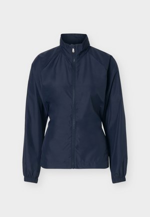 Ελαφρύ μπουφάν σε σκούρο μπλε με πλήρες φερμουάρ μπροστά, ψηλό γιακά, μακριά μανίκια με ελαστικές μανσέτες και εφαρμοστό σχεδιασμό στη μέση.