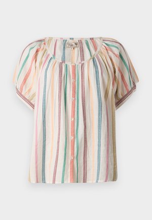 Kurzarm, leichtes Blusenshirt mit mehrfarbigen vertikalen Streifen in Pink, Grün und Blau, mit Rundhalsausschnitt und Knopfverschluss.