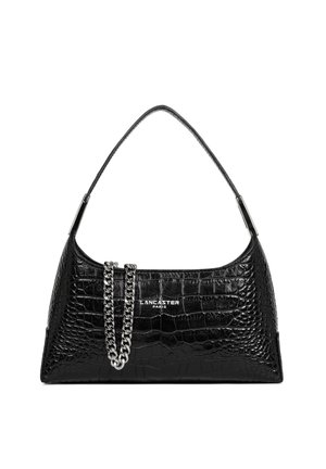 Black croc-embossed leather handbag with silver chain accent and "Lancaster Paris" logo on front, featuring a single short strap.