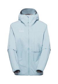 Hellblaue, wasserdichte Kapuzenjacke mit Frontreißverschluss, Brusttasche, elastischen Bündchen und "MAMMUT"-Logo auf der linken Brust.