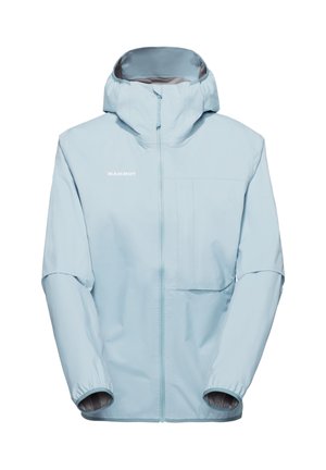 Lyseblå hættejakke i vandtæt materiale med lynlås foran, brystlomme, elastiske ærmekanter og "MAMMUT"-logo på venstre bryst.