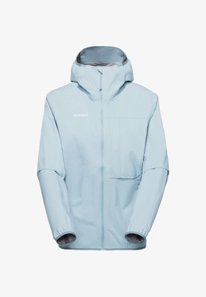 Lyseblå hættejakke i vandtæt materiale med lynlås foran, brystlomme, elastiske ærmekanter og "MAMMUT"-logo på venstre bryst.