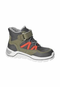Zapatillas altas en gris y verde oliva con acentos naranjas, que cuentan con una correa de Velcro, paneles texturizados y una suela de goma blanca.