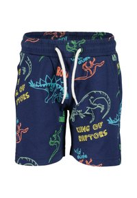 Shorts marine avec des graphiques colorés de dinosaures et de texte, taille élastique avec cordon de serrage, en tissu doux en coton. Idéal pour un style décontracté.