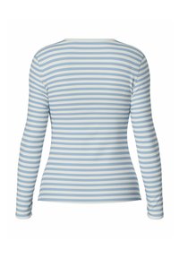 Blå och vit randig långärmad topp med ribbad textur och rund halsringning, med jämna horisontella ränder och figurnära design.