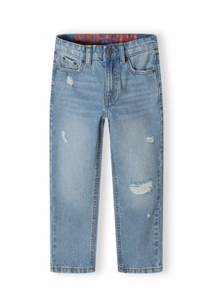 Jeans in denim azzurro chiaro con un fit dritto, caratterizzati da whiskering, toppe consumate e un'etichetta interna in rosso sulla cintura.