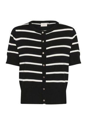Black and white striped cardigan with short sleeves, round neckline, and button front. Smooth fabric with contrasting buttons.